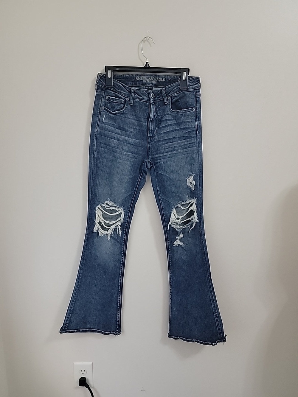American Eagle Outfitters Distressed Flare Jeans - Dark Blue